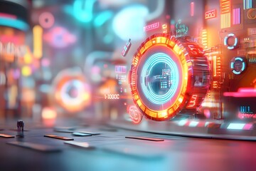 Obraz premium Surreal digital realm with shimmering holographic planes and undulating data visualizations emblematic of the interconnected nature of contemporary information networks