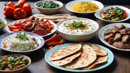 Fototapeta premium Rich Turkish midday meal with flavorful meze, spiced meats, and fresh flatbreads, Generative AI
