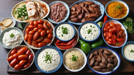 Turkish lunch feast, an array of grilled meats, rice pilaf, and tangy yogurt dips, Generative AI