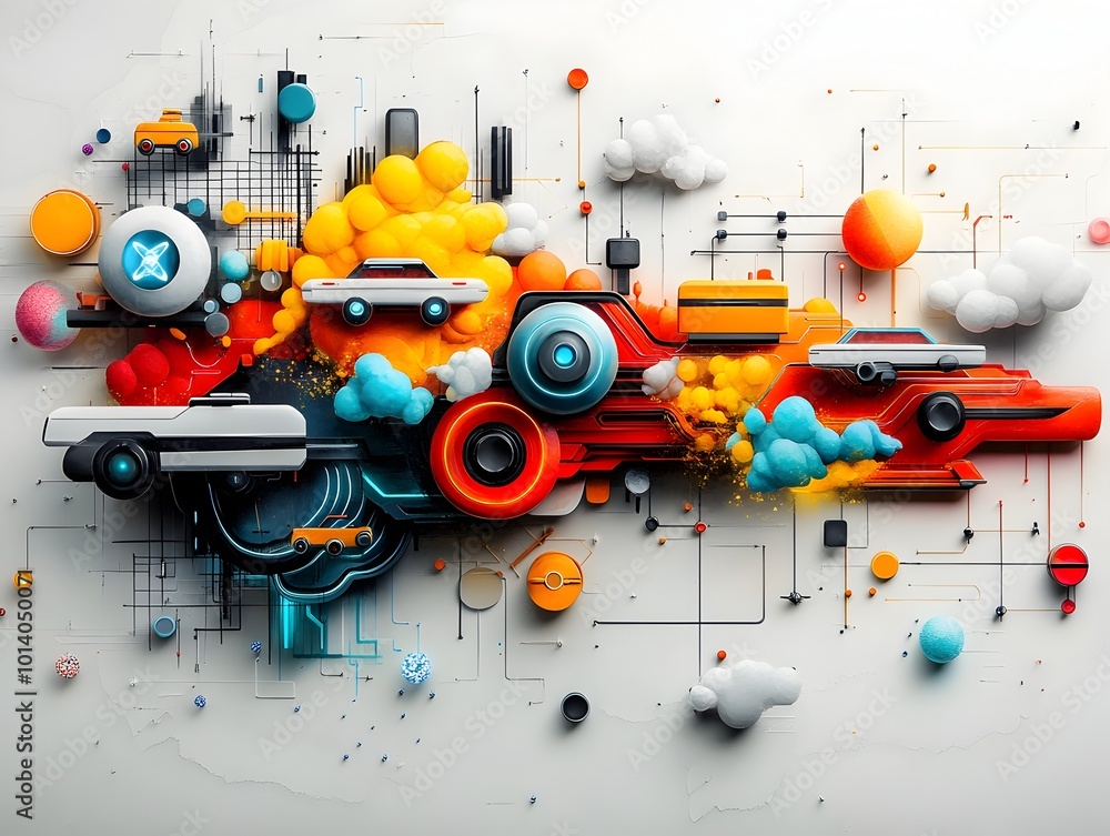 Poster surreal kaleidoscopic interpretation of a smart transportation grid blending organic and technologic
