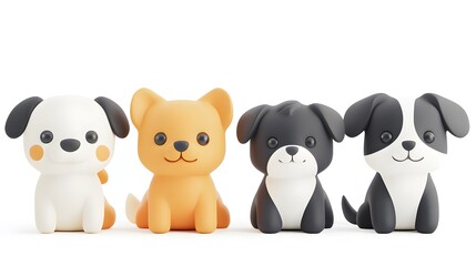 Set of cute little puppy dogs in a creative minimal 3D style, showcasing their adorable features against a clean white background