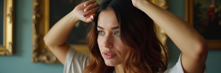 Fototapeta premium A close-up of a young woman adjusting her hair, exuding confidence and beauty. Ideal for lifestyle, fashion, or beauty-related content.