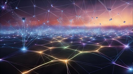 Show a network of interconnected AI systems, each represented by glowing nodes in a futuristic digital landscape.