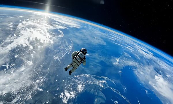 Spacewalk outside a space station with Earth in the background. Video
