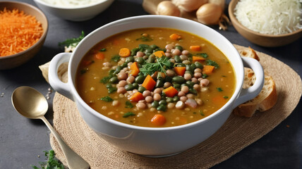 Sample the comforting flavors of Egyptian lentil soup, a warm blend of lentils and vegetables, Generative AI