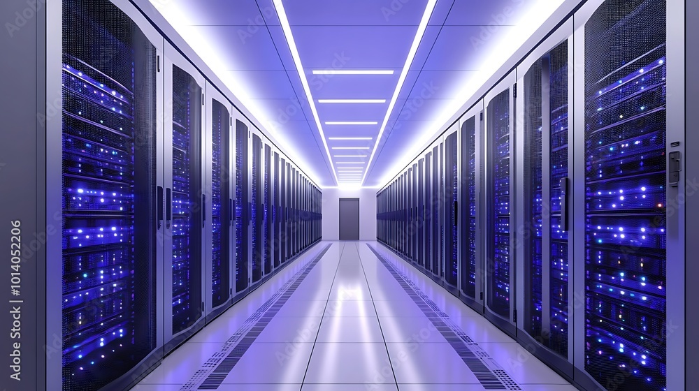 Poster rows of servers in a data center hallway with blue lights.