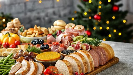 Experience a festive gathering filled with an array of mouthwatering dishes, including meats, vegetables, and decorative elements, perfect for any holiday celebration.