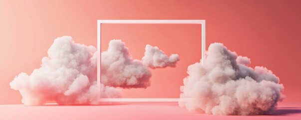 Fluffy clouds against a pink background with a modern frame. Abstract and surreal concept