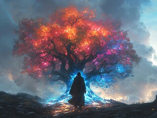 Radiant figure of divine wisdom floating above the Tree of Life with streams of light flowing from the Sefirot into the heavens