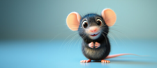 Cute cartoon mouse smiling and waiting on blue background