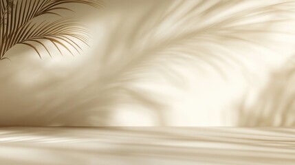 Obraz premium Elegant Minimalist Background Featuring Light Beige Tones and Subtle Shadows, with a Blurred Palm Leaf Silhouette in the Upper Left Corner Against a White Wall, Perfect for Design and Presentation Use