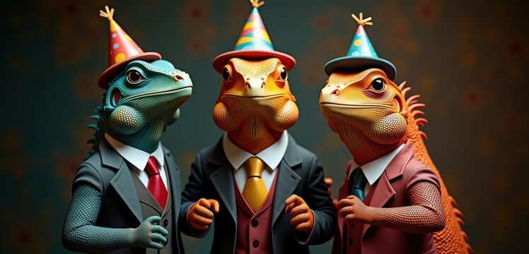 Three animated lizards in party hats and suits celebrate a joyful occasion, perfect for quirky marketing or imaginative branding campaigns.