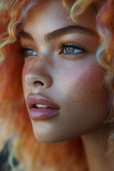 Close-up portrait of a young woman with freckles and colorful curly hair, looking off to the side.