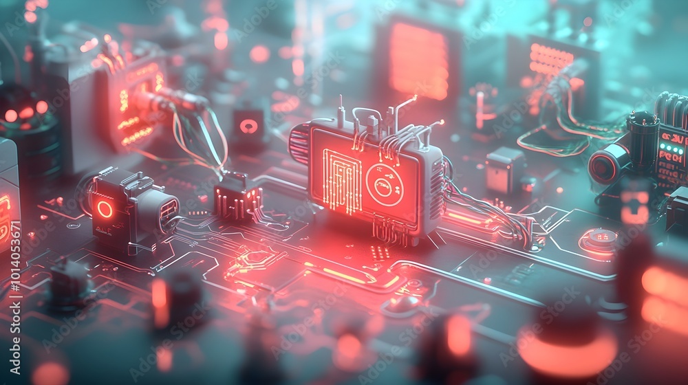 Poster techno organic digital scene with intertwined circuits pulsating data flows and natural biomorphic f