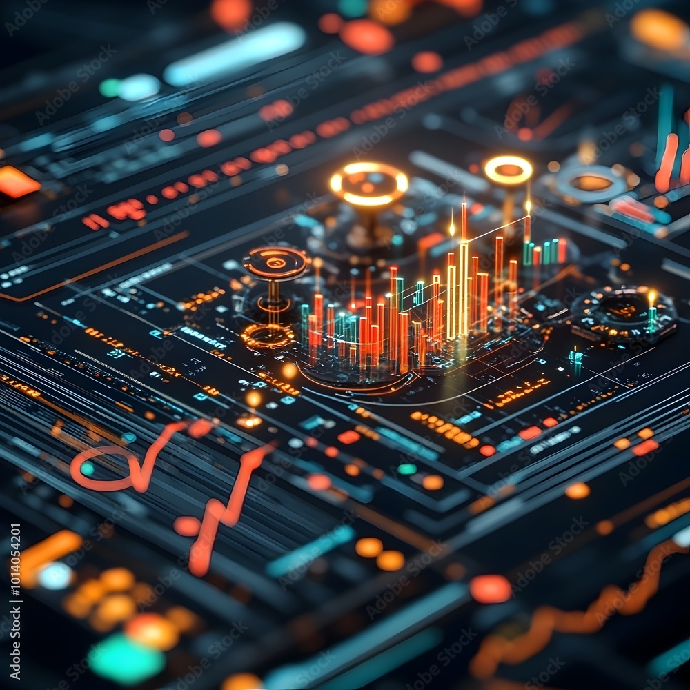 Poster captivating 3d visualization showcasing the cutting edge technological advancements in financial ana