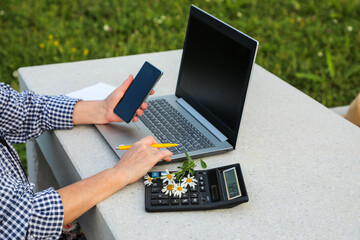 A woman in a plaid shirt works on a laptop in the summer and holds a smartphone in her hand, a calculator and a bouquet of daisies lie nearby. The Digital Nomads series.