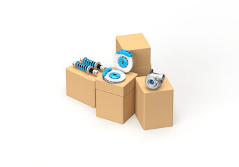 Obraz premium Car parts and boxes. Turbine, brake discs, brake caliper, stabilizer bars, springs with blue elements. 3d render on the topic of auto parts, car service, car shop and tuning. Transparent background.