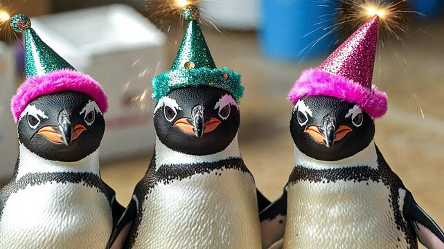 Three charming penguins wear colorful party hats and seem ready to celebrate New Years Eve indoors, bringing joy and cheer to the surroundings.