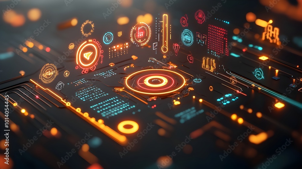 Poster vibrant digital backdrop featuring a futuristic neon lit interface with sleek holographic panels ove
