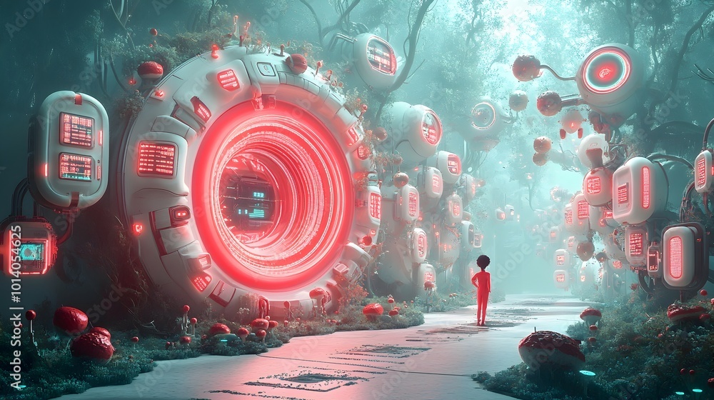 Poster captivating techno organic digital scene with interwoven circuits pulsating data flows and natural b