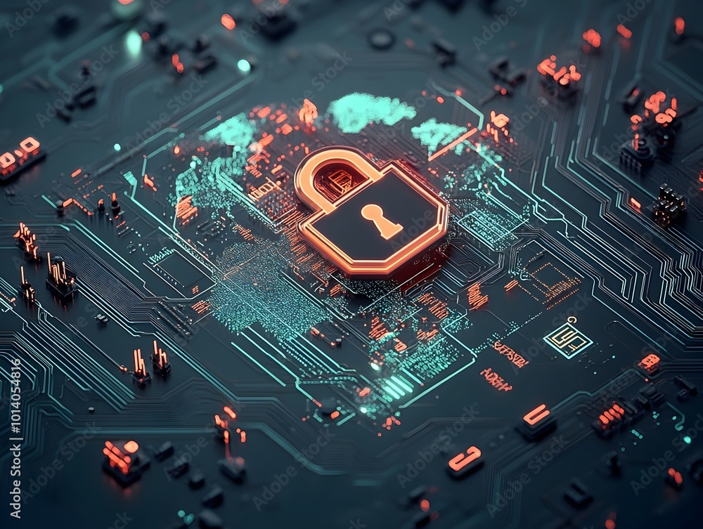 Poster encrypted digital domain with a padlock symbol floating above a holographic circuit board and global