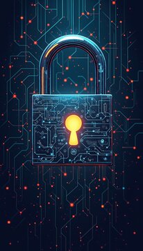 Blue digital padlock with circuit pattern, cloud security, encryption