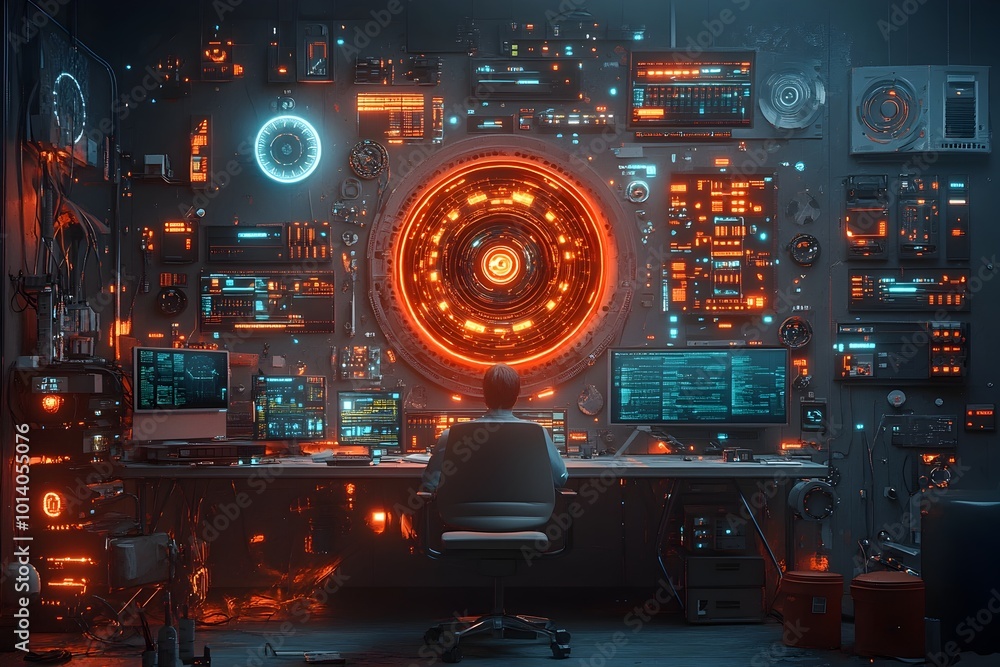 Poster a visually captivating digital landscape pulsing with complex quantum processors intricate microchip