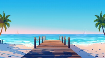 A serene beach scene featuring a wooden pier extending into calm waters, surrounded by palm trees and a clear sky.