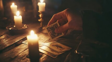 Close up op Cardreading with Tarot Cards by candle light, dark scene, Future telling