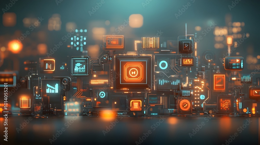 Poster retrofuturistic cityscape of an interconnected digital world protected by encryption and cybersecuri