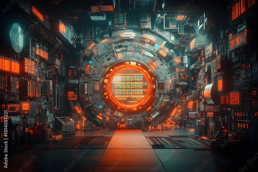 Poster encrypted digital landscape featuring pulsing quantum processors intricate microchip lattices and et