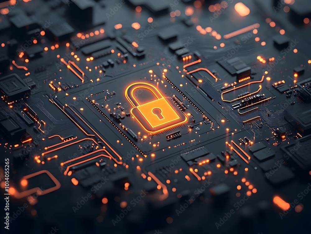 Aufkleber complex cybersecurity digital infrastructure with a glowing padlock icon on a circuit board set agai