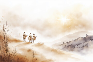 Three Wise Kings Following the Star of Bethlehem Watercolor Illustration