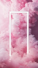 Floating door amidst pink clouds, surreal landscape. Dreamlike and imaginative concept