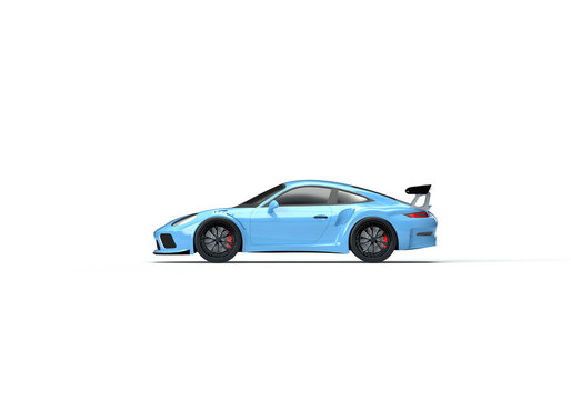 A blue Porsche 911 GT3 car. A sporty, racing car with a spoiler. Side view. 3d render on the theme of racing, auto parts, car shop, car service. Transparent background.