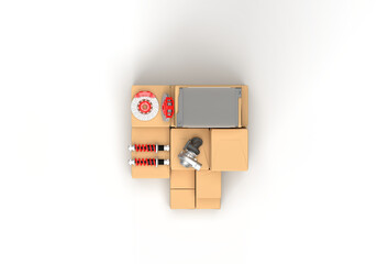 Car parts and boxes. Turbine, brake discs, brake caliper, stabilizer bars, springs, radiator with red elements. 3d render on the topic of auto parts, car service, car shop. Transparent background.