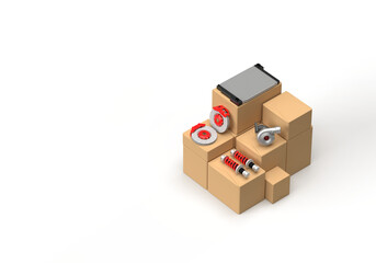 Car parts and boxes. Turbine, brake discs, brake caliper, stabilizer bars, springs, radiator with red elements. 3d render on the topic of auto parts, car service, car shop. Transparent background.