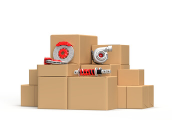 Obraz premium Car parts and boxes. Turbine, brake discs, brake caliper, stabilizer bars, springs with red elements. 3d render on the topic of auto parts, car service, car shop and tuning. Transparent background.