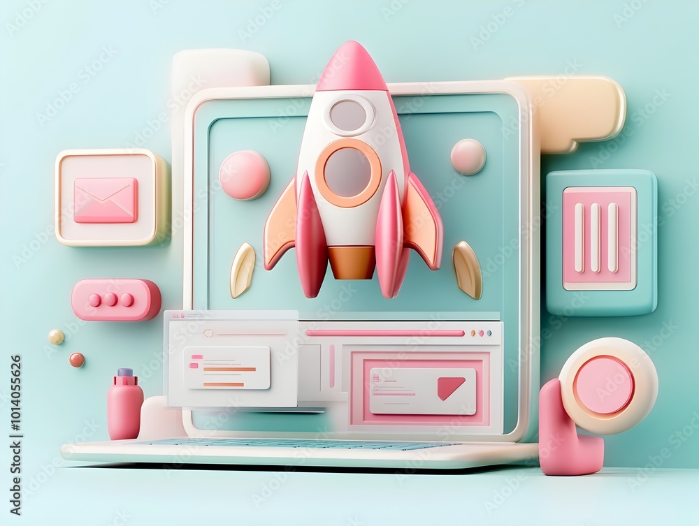 Poster futuristic 3d rendered startup scene featuring a high tech laptop bold rocket icon and a palette of 