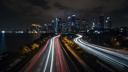 Obraz premium An enchanting night-time capture of a vibrant city skyline, featuring mesmerizing light trails from moving cars.