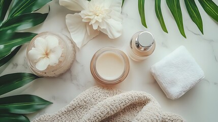 A beautifully arranged showcase of skincare, spa, beauty, and perfume products, highlighting a variety of elegant bottles, creams, and lotions