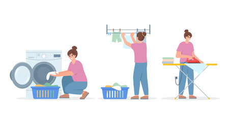 Set female characters doing housework. Woman Washing, drying and ironing clothes. Young housewife and daily routine. Vector illustrations on white background.