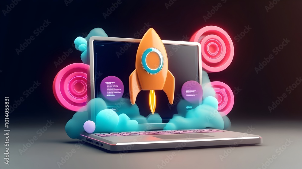 Poster sleek futuristic 3d rendered startup workspace concept with a rocket inspired laptop device dynamic 