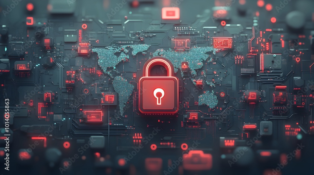 Poster technological barriers safeguarding the interconnected global cybersphere with futuristic padlock ic