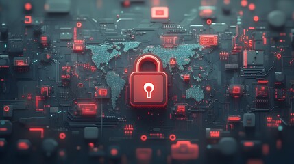 Technological Barriers Safeguarding the Interconnected Global Cybersphere with Futuristic Padlock Iconography   A Cyberpunk Inspired Digital Art Portrayal of Cybersecurity and Data Privacy in the