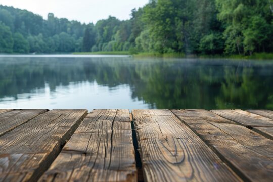 A wooden dock overlooking a lake with a misty atmosphere, generative ai image