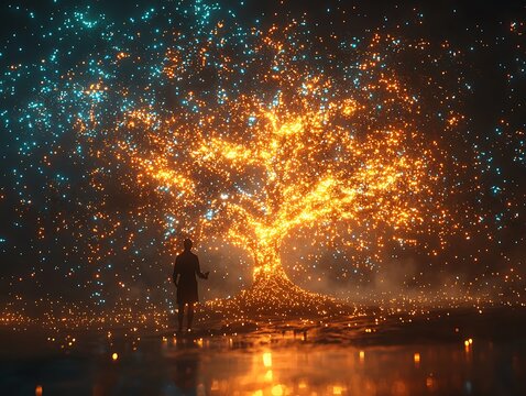 Kabbalist standing before the Tree of Life each Sefirah glowing as it imparts ancient wisdom with cosmic symbols surrounding the scene