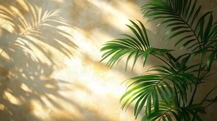 Fototapeta premium Elegant Minimalist Background Featuring Light Beige Tones and Subtle Shadows, with a Blurred Palm Leaf Silhouette in the Upper Left Corner Against a White Wall, Perfect for Design and Presentation Use