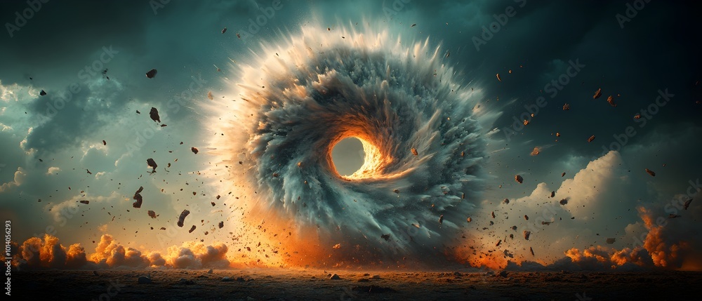Poster 3d visualization of a colossal tornado ripping through a remote countryside documented from an angle