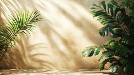 Elegant Minimalist Background Featuring Light Beige Tones and Subtle Shadows, with a Blurred Palm Leaf Silhouette in the Upper Left Corner Against a White Wall, Perfect for Design and Presentation Use